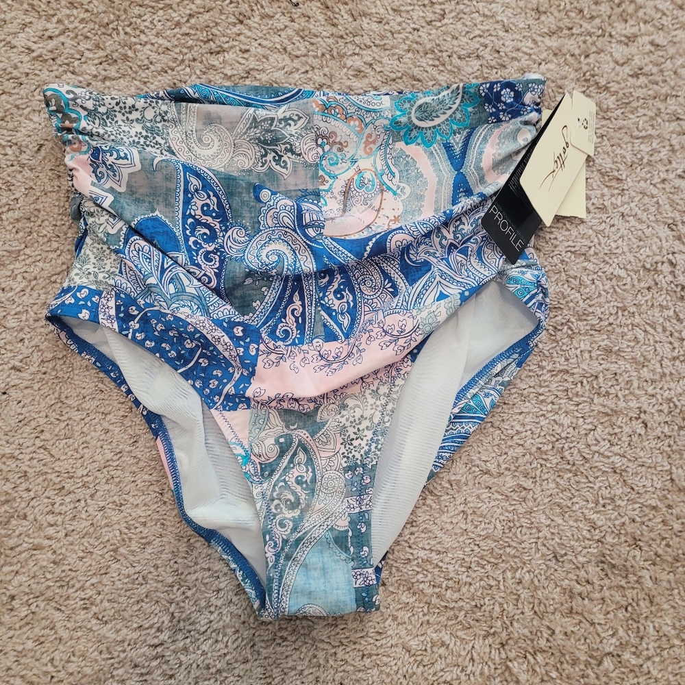 Profile by Gottex Bikini Swim Bottoms Paisley Blue Pink High Waist Size 14